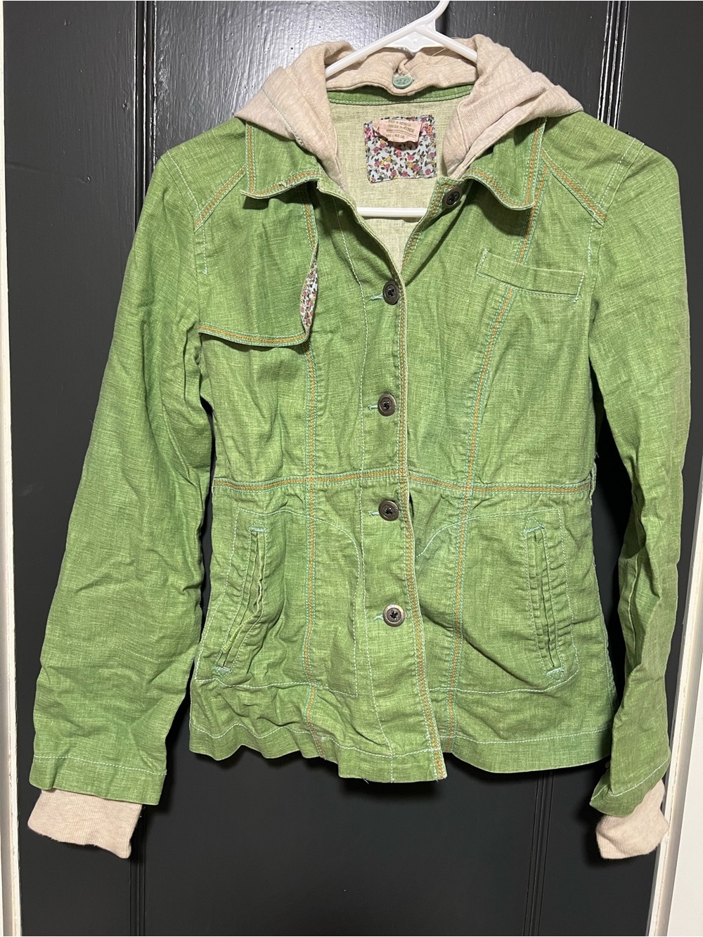 Free People Green Hooded Jean Jacket with Cream Hood Trim, Embroidered hood